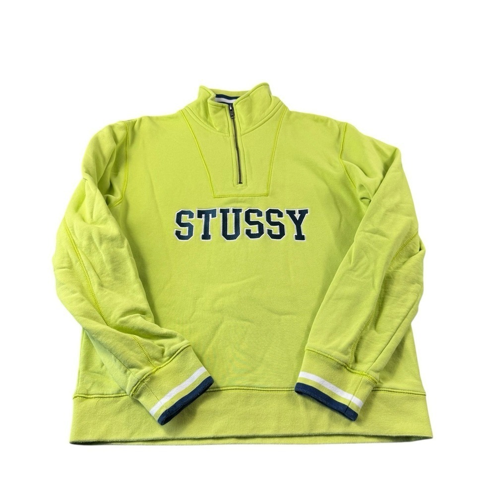 STUSSY Green Letterman Spellout‎ Cotton Half Zip Men's Pullover Sweater Size L